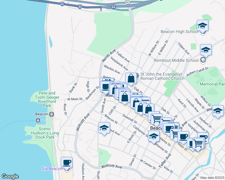 map of restaurants, bars, coffee shops, grocery stores, and more near 24 West Church Street in Beacon