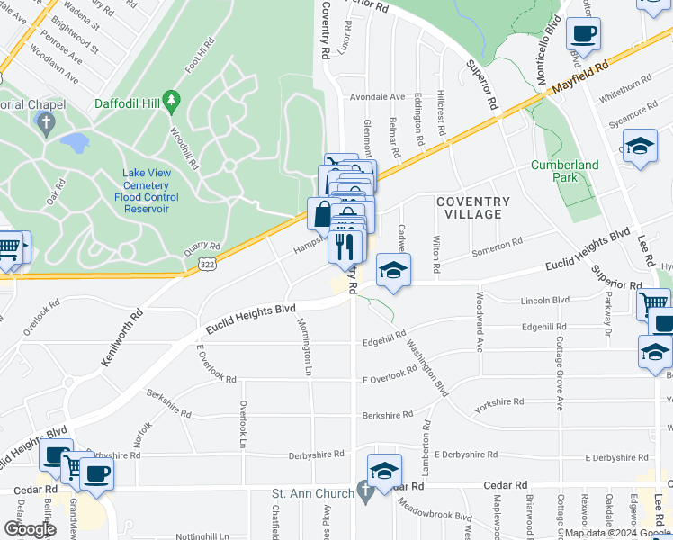 map of restaurants, bars, coffee shops, grocery stores, and more near 2783 Lancashire Road in Cleveland Heights