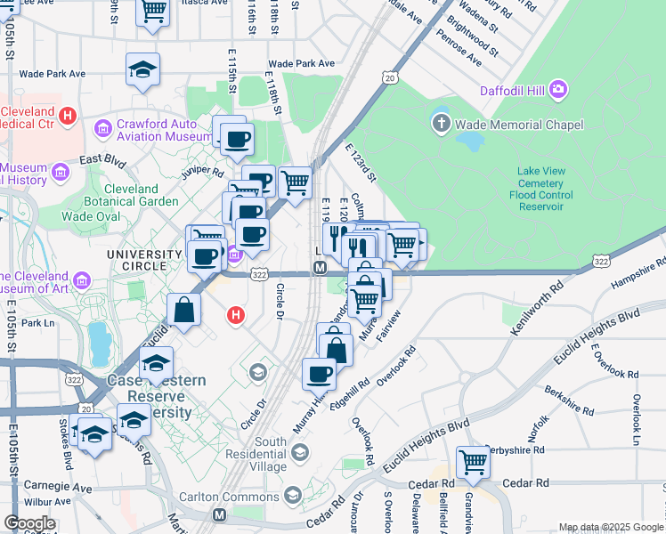 map of restaurants, bars, coffee shops, grocery stores, and more near 1970 East 120th Street in Cleveland