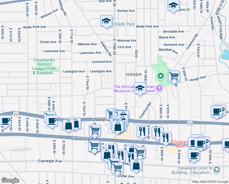 map of restaurants, bars, coffee shops, grocery stores, and more near 7911 Hough Avenue in Cleveland