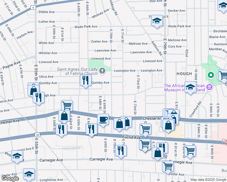 map of restaurants, bars, coffee shops, grocery stores, and more near 7024 Quimby Avenue in Cleveland