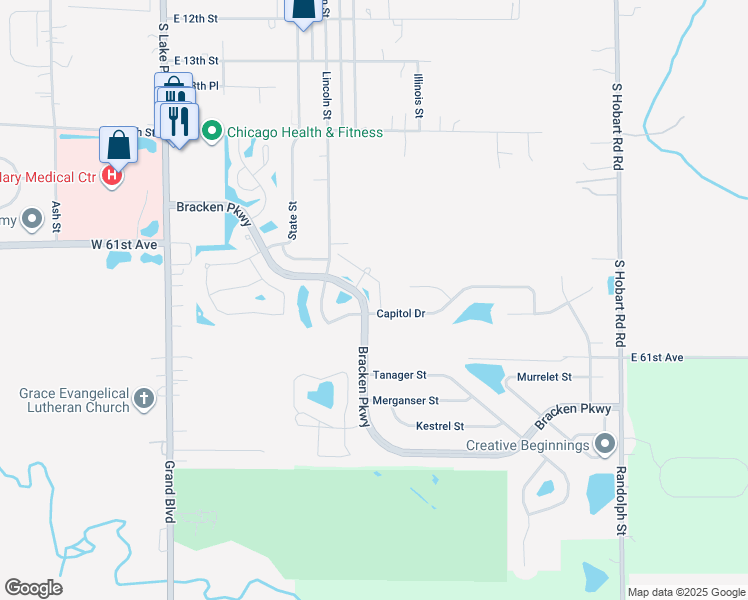 map of restaurants, bars, coffee shops, grocery stores, and more near 741 Hidden Oak Trail in Hobart