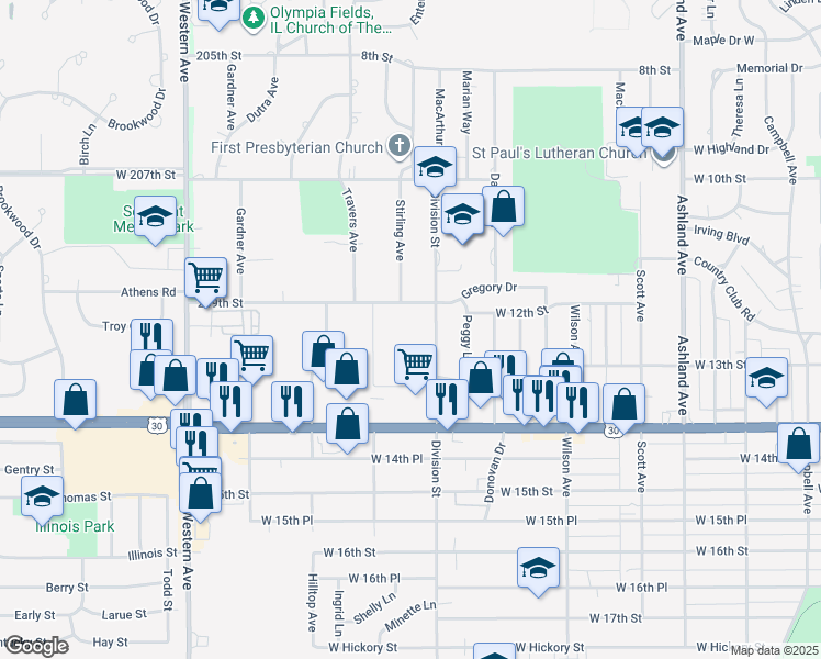 map of restaurants, bars, coffee shops, grocery stores, and more near 1147 Stirling Avenue in Chicago Heights