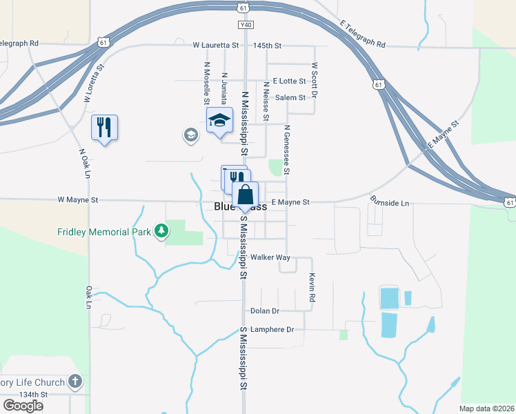 map of restaurants, bars, coffee shops, grocery stores, and more near 104 East Mayne Street in Blue Grass