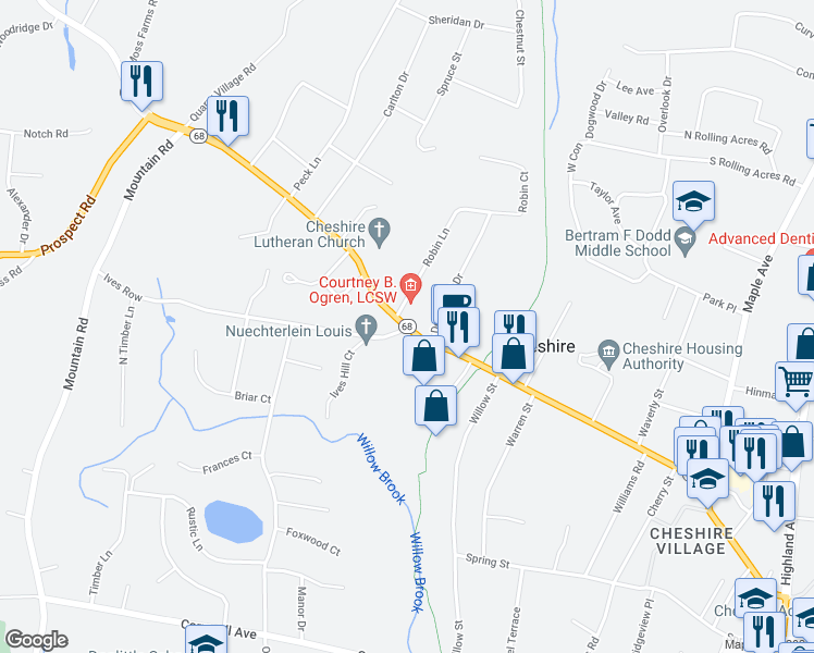 map of restaurants, bars, coffee shops, grocery stores, and more near West Main Street in Cheshire