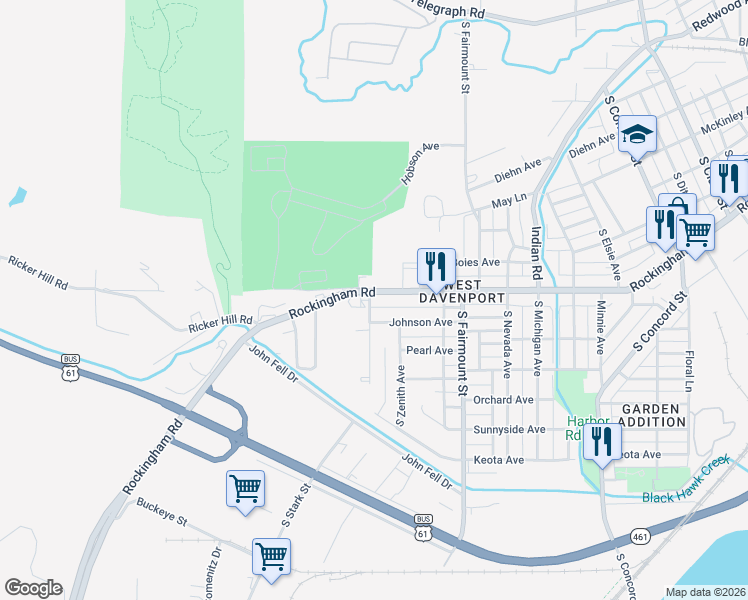 map of restaurants, bars, coffee shops, grocery stores, and more near 3869 Rockingham Road in Davenport