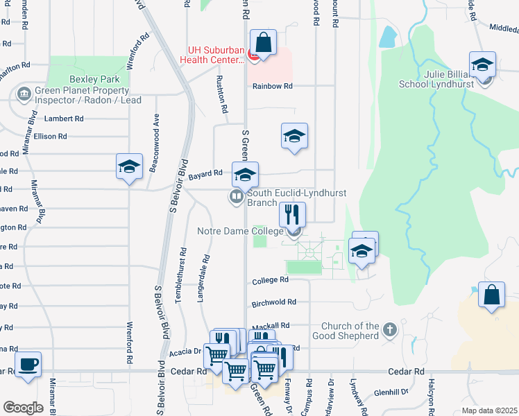 map of restaurants, bars, coffee shops, grocery stores, and more near 1857 South Green Road in South Euclid