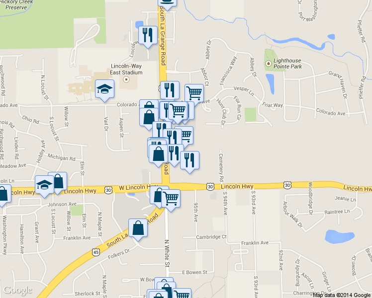 map of restaurants, bars, coffee shops, grocery stores, and more near 20613 South La Grange Road in Frankfort