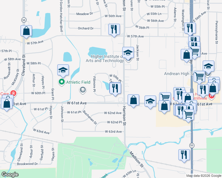 map of restaurants, bars, coffee shops, grocery stores, and more near 5969 Polk Court in Merrillville