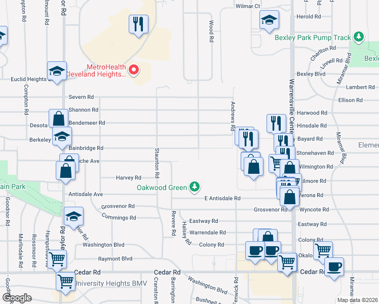 map of restaurants, bars, coffee shops, grocery stores, and more near 3769 Bainbridge Road in Cleveland Heights