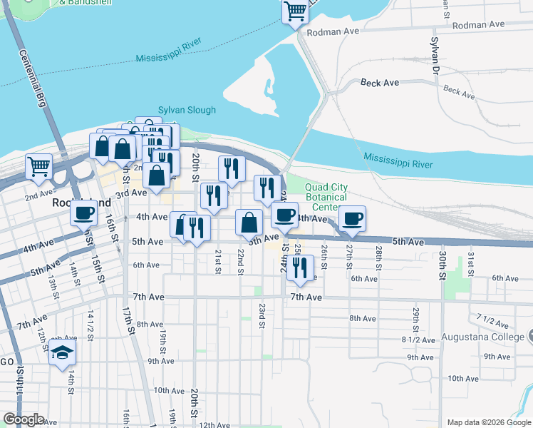 map of restaurants, bars, coffee shops, grocery stores, and more near 2317 4th Avenue in Rock Island