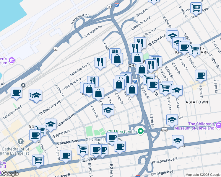 map of restaurants, bars, coffee shops, grocery stores, and more near 1456 East 25th Street in Cleveland