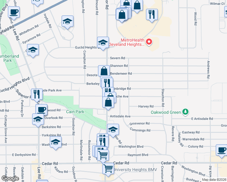 map of restaurants, bars, coffee shops, grocery stores, and more near 3483 Bainbridge Road in Cleveland Heights