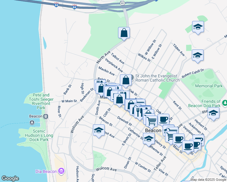 map of restaurants, bars, coffee shops, grocery stores, and more near 24 West Church Street in Beacon