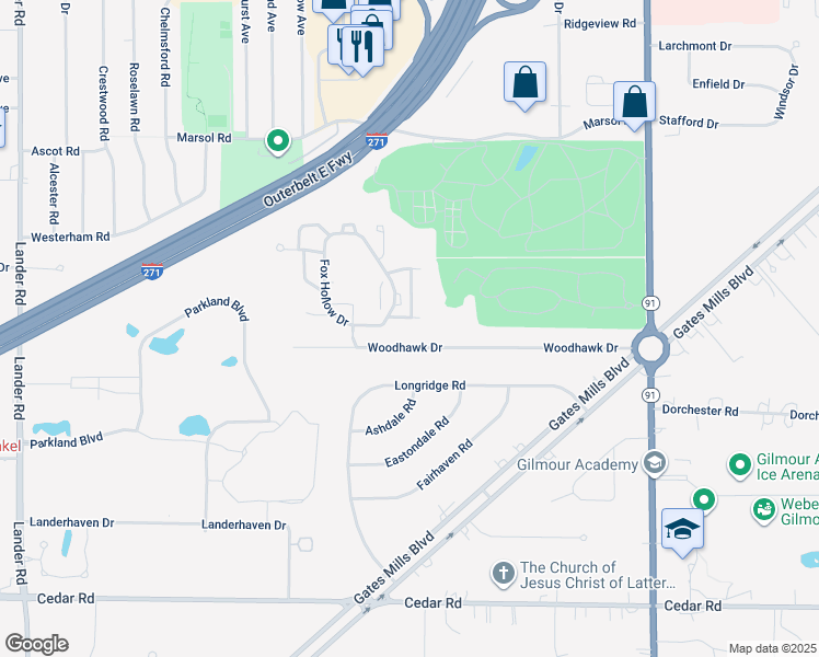map of restaurants, bars, coffee shops, grocery stores, and more near 432 Eagle Trce in Mayfield Heights