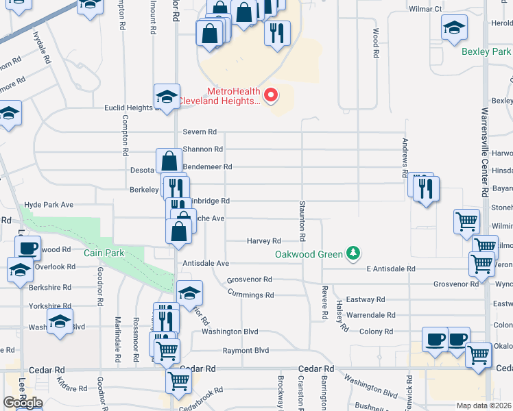 map of restaurants, bars, coffee shops, grocery stores, and more near 3607 Bainbridge Road in Cleveland Heights