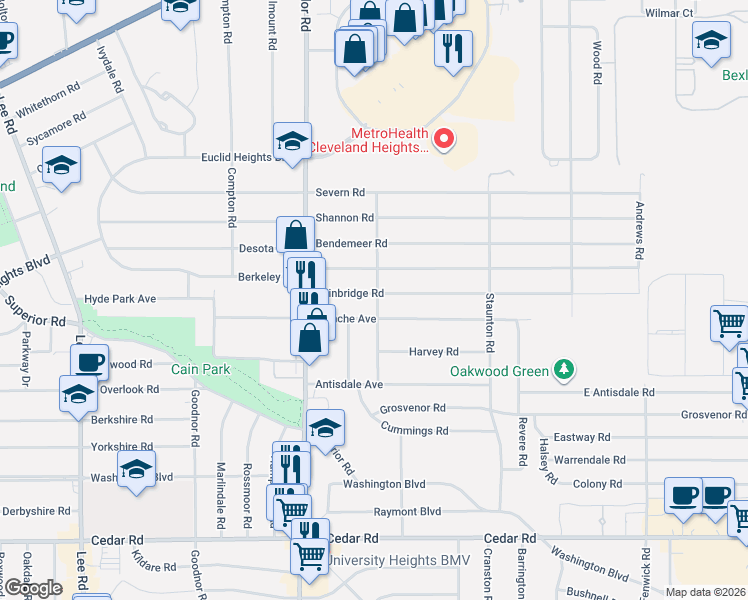 map of restaurants, bars, coffee shops, grocery stores, and more near 3521 Bainbridge Road in Cleveland Heights