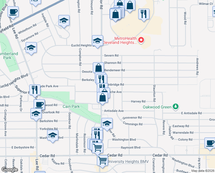 map of restaurants, bars, coffee shops, grocery stores, and more near 3483 Bainbridge Road in Cleveland Heights