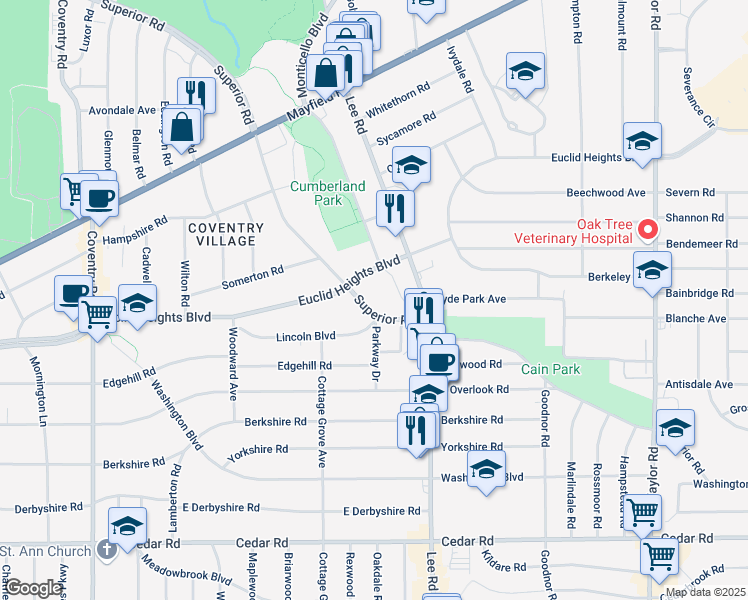 map of restaurants, bars, coffee shops, grocery stores, and more near 14391 Superior Road in Cleveland Heights