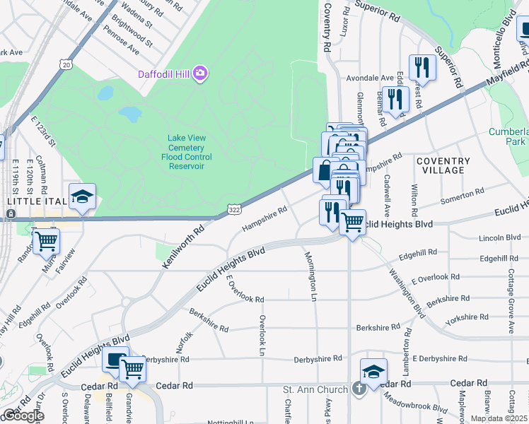 map of restaurants, bars, coffee shops, grocery stores, and more near 2660 Mayfield Road in Cleveland Heights