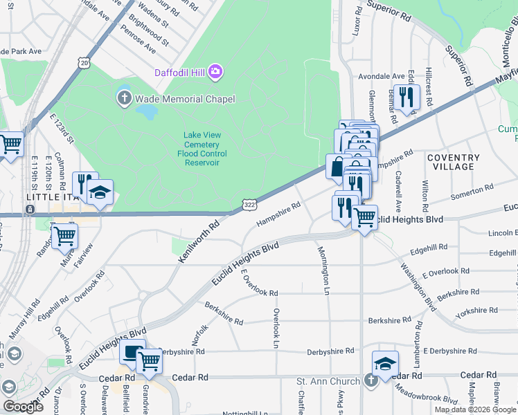 map of restaurants, bars, coffee shops, grocery stores, and more near 2628 Mayfield Road in Cleveland Heights