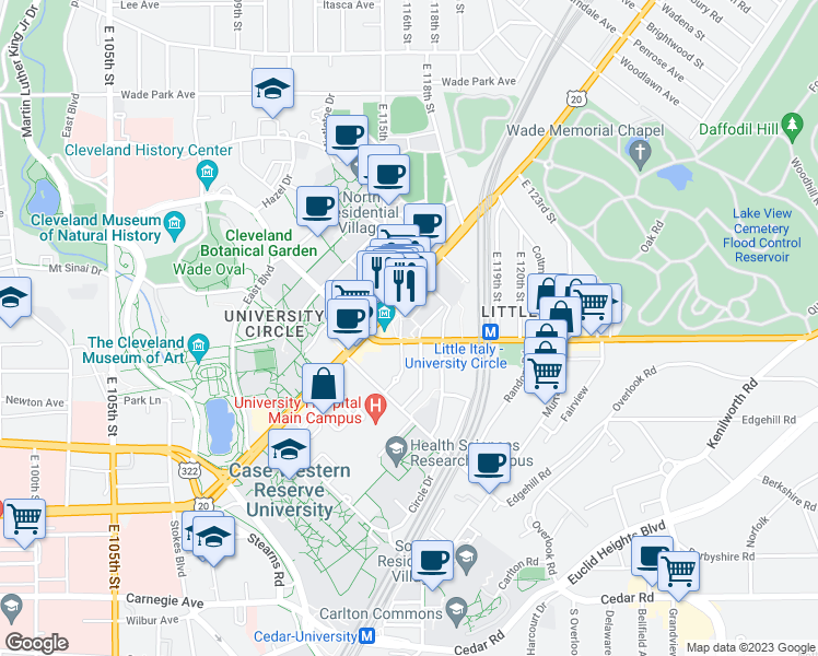 map of restaurants, bars, coffee shops, grocery stores, and more near in Cleveland
