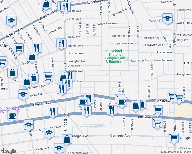 map of restaurants, bars, coffee shops, grocery stores, and more near 6310 Quimby Avenue in Cleveland