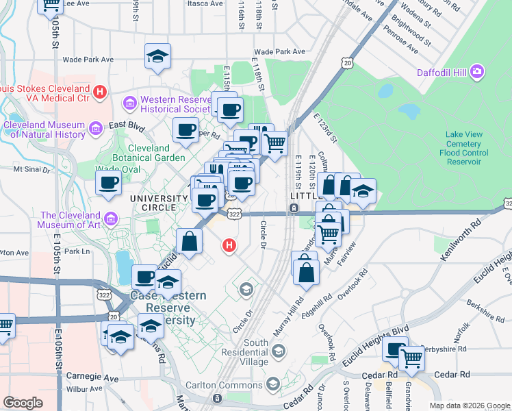 map of restaurants, bars, coffee shops, grocery stores, and more near 11501 Mayfield Road in Cleveland