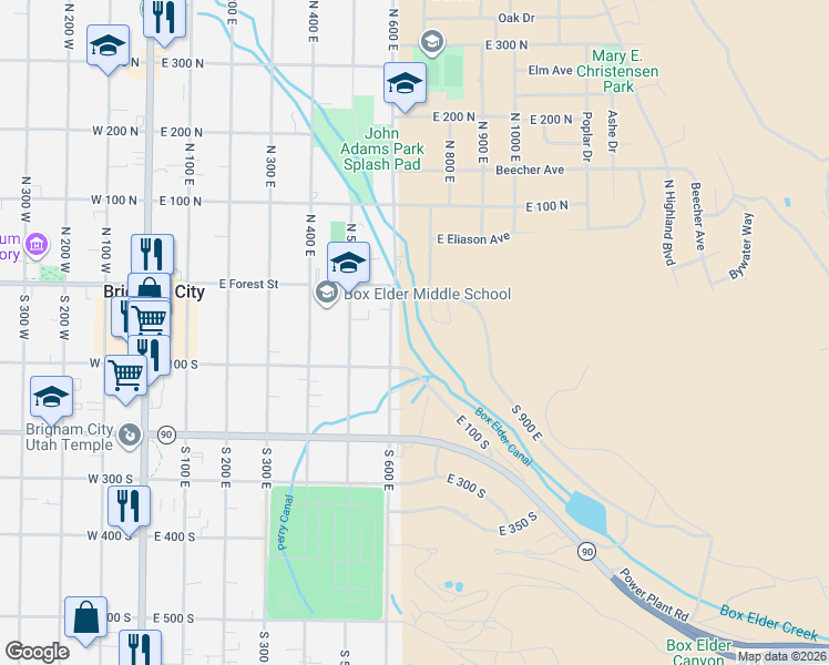 map of restaurants, bars, coffee shops, grocery stores, and more near 625 East 100 South in Brigham City