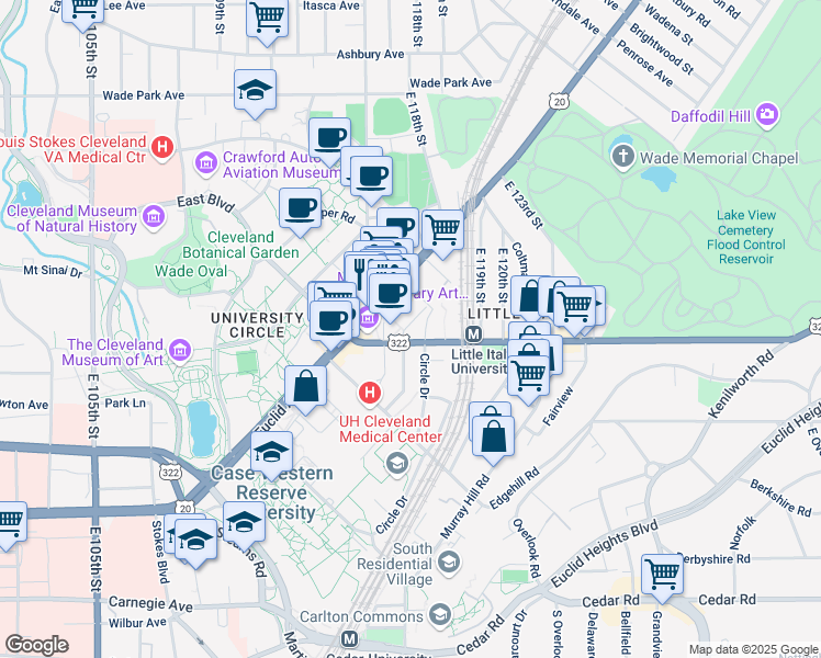 map of restaurants, bars, coffee shops, grocery stores, and more near 11501 Mayfield Road in Cleveland