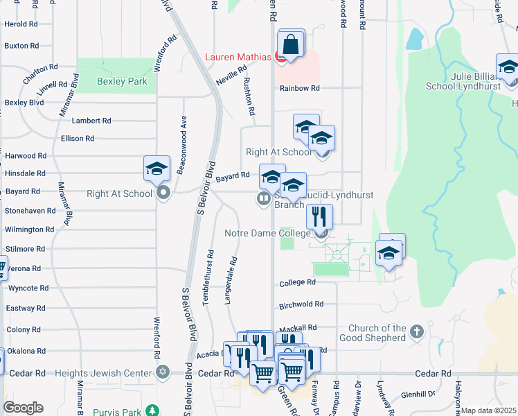 map of restaurants, bars, coffee shops, grocery stores, and more near 1876 South Green Road in South Euclid