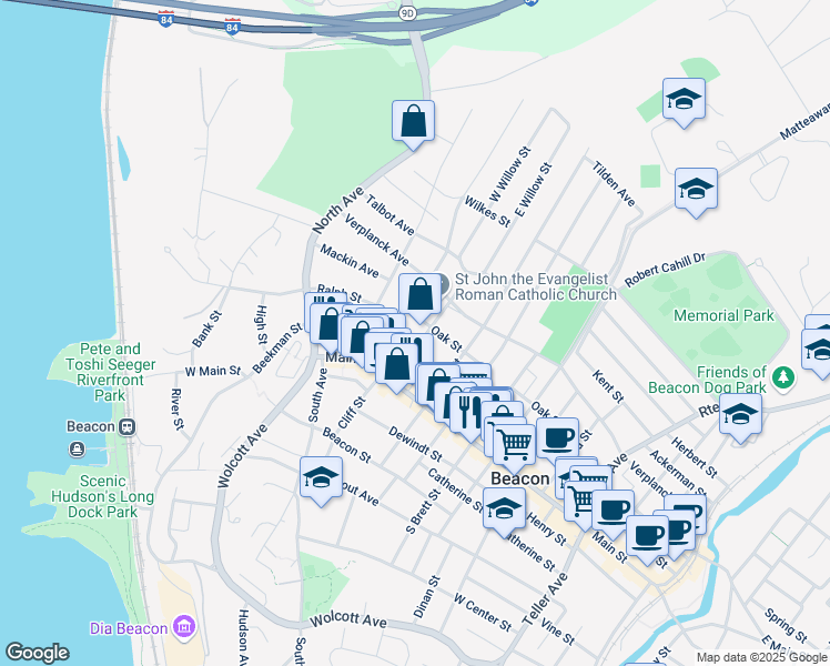 map of restaurants, bars, coffee shops, grocery stores, and more near 3 Oak Street in Beacon