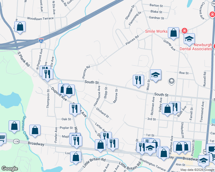 map of restaurants, bars, coffee shops, grocery stores, and more near 612 South Street in Newburgh