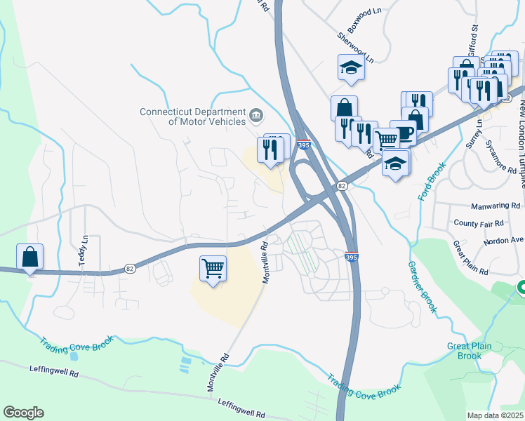 map of restaurants, bars, coffee shops, grocery stores, and more near 169 Sheraton Lane in Norwich