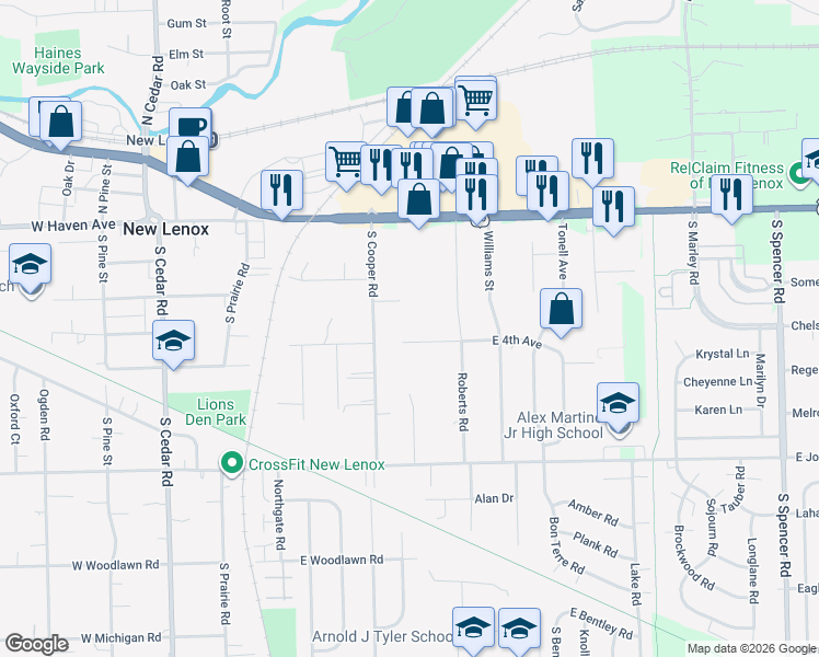 map of restaurants, bars, coffee shops, grocery stores, and more near 421 East 4th Avenue in New Lenox