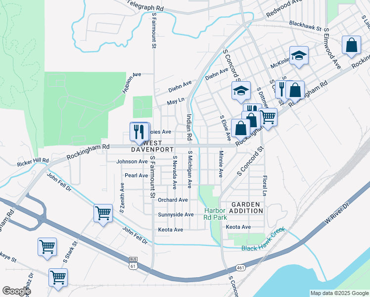 map of restaurants, bars, coffee shops, grocery stores, and more near 3505 Rockingham Road in Davenport