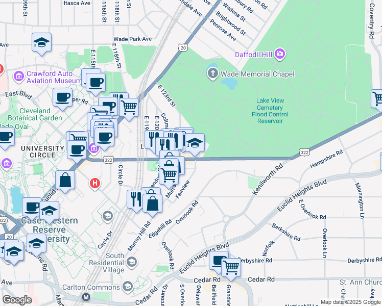 map of restaurants, bars, coffee shops, grocery stores, and more near 1973 East 123rd Street in Cleveland