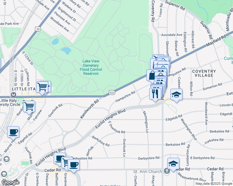 map of restaurants, bars, coffee shops, grocery stores, and more near 2616 Mayfield Road in Cleveland Heights