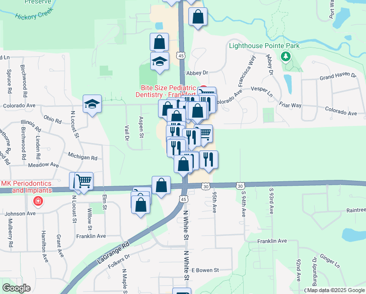 map of restaurants, bars, coffee shops, grocery stores, and more near 20015 South La Grange Road in Frankfort