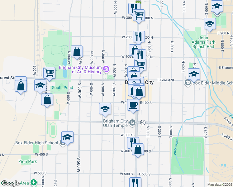 map of restaurants, bars, coffee shops, grocery stores, and more near 59 South 200 East in Brigham City