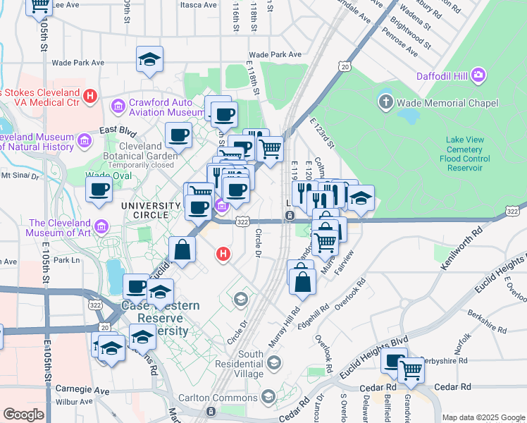 map of restaurants, bars, coffee shops, grocery stores, and more near 1999 Circle Drive in Cleveland