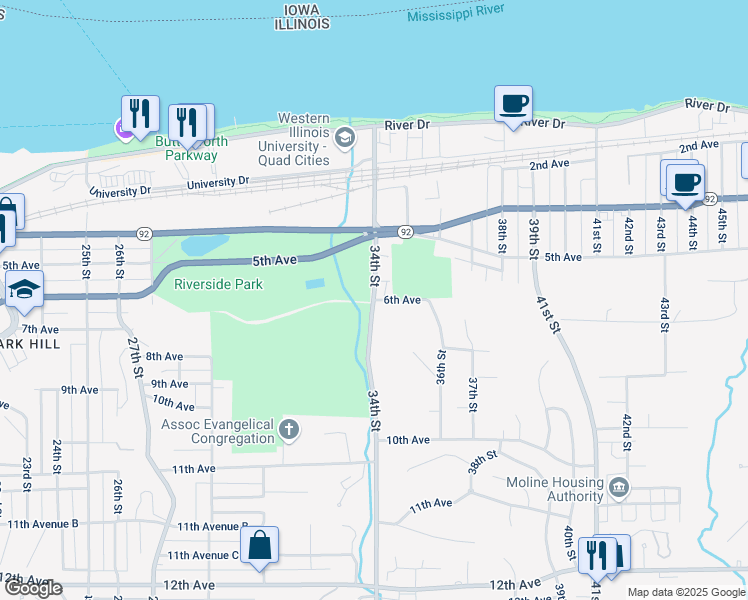 map of restaurants, bars, coffee shops, grocery stores, and more near 3400 6th Avenue in Moline
