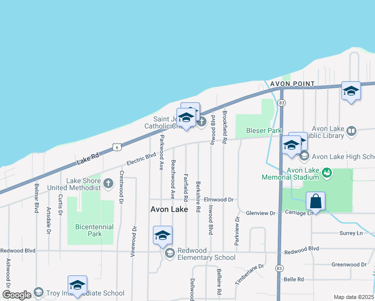 map of restaurants, bars, coffee shops, grocery stores, and more near 139 Fairfield Road in Avon Lake