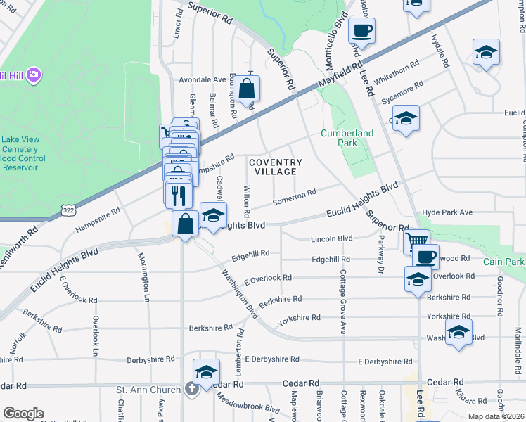 map of restaurants, bars, coffee shops, grocery stores, and more near 2947 Somerton Road in Cleveland Heights