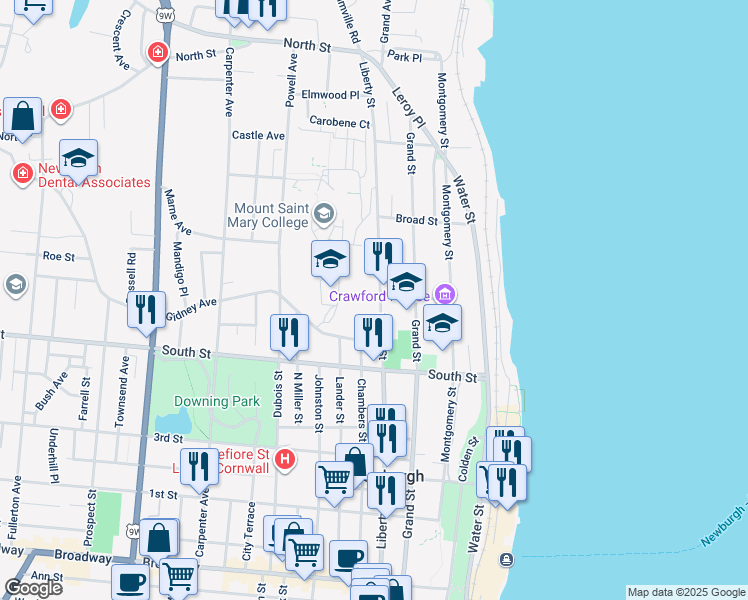 map of restaurants, bars, coffee shops, grocery stores, and more near 112 Clinton Street in Newburgh
