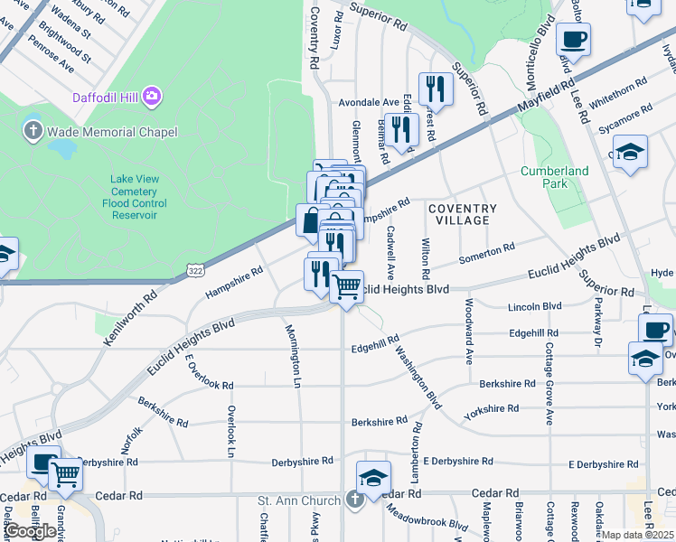 map of restaurants, bars, coffee shops, grocery stores, and more near 2783 Lancashire Road in Cleveland Heights