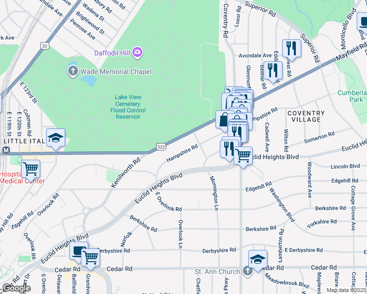 map of restaurants, bars, coffee shops, grocery stores, and more near 2660 Mayfield Road in Cleveland Heights