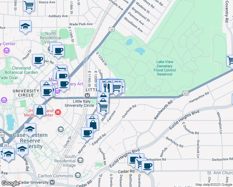 map of restaurants, bars, coffee shops, grocery stores, and more near 1973 East 123rd Street in Cleveland