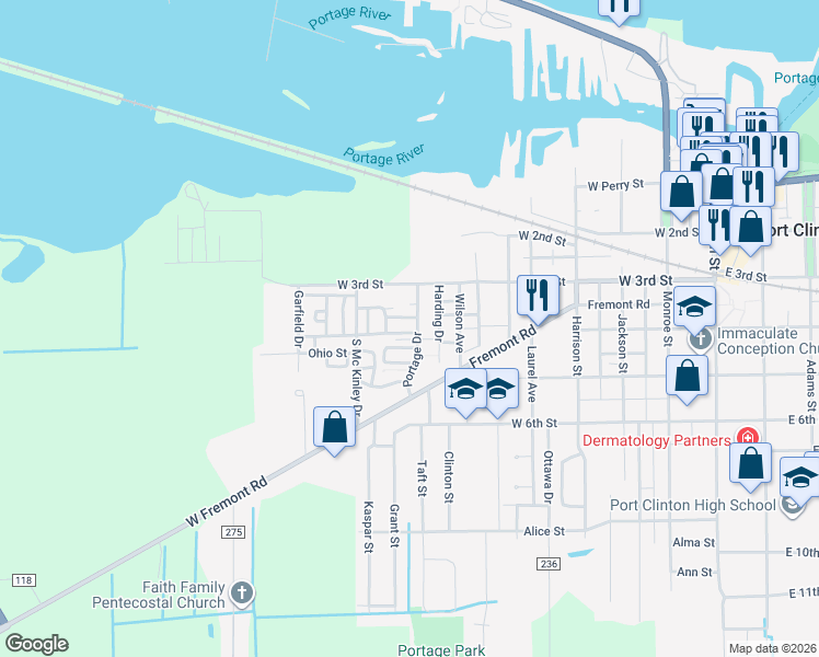 map of restaurants, bars, coffee shops, grocery stores, and more near 803 Bataan Lane in Port Clinton