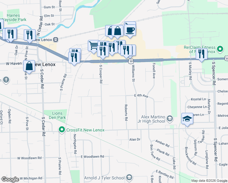 map of restaurants, bars, coffee shops, grocery stores, and more near 421 East 4th Avenue in New Lenox